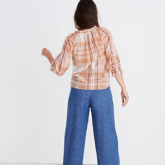 Madewell Wilton Plaid Print Tie-Neck Ruffle Sleeve Silk Blend Top Size Small - Picture 2 of 15